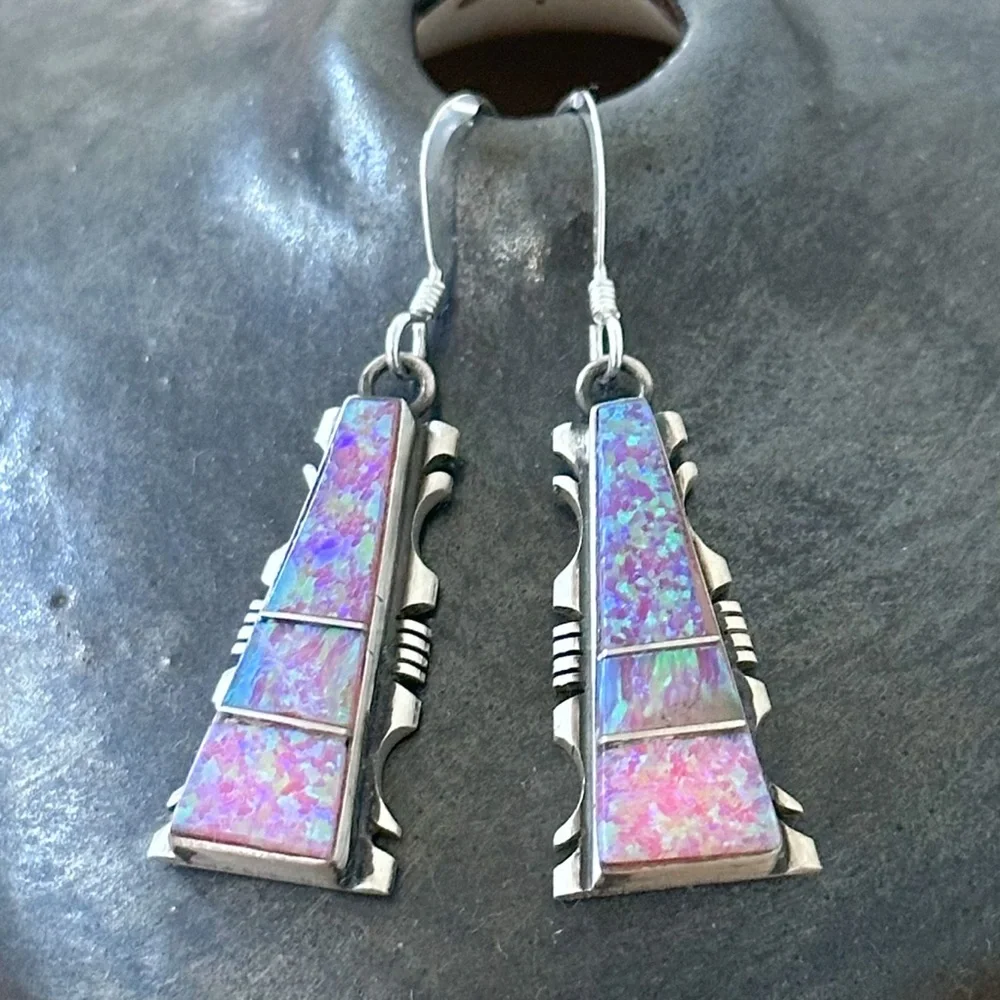 Native American made Sterling Silver Opal Earrings Navajo Artist Steve Francisco